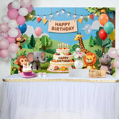 Lofaris Fond d'Anniversaire Animaux de la Jungle Safari en Papier Découpé avec Gâteau, Décor Thème Wild One