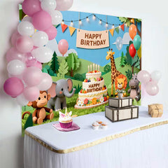 Lofaris Fond d'Anniversaire Animaux de la Jungle Safari en Papier Découpé avec Gâteau, Décor Thème Wild One