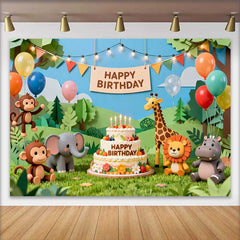 Lofaris Fond d'Anniversaire Animaux de la Jungle Safari en Papier Découpé avec Gâteau, Décor Thème Wild One