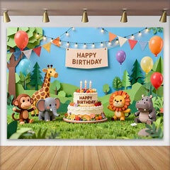 Lofaris Fond d'Anniversaire Animaux de la Jungle Safari Mignons avec Gâteau et Ballons Colorés pour Fête d'Enfants
