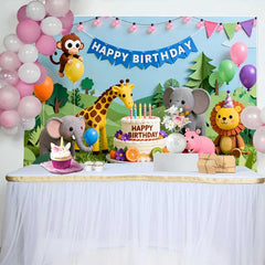 Lofaris Fond d'Anniversaire Animaux de la Jungle Safari en Dessin Animé, Gâteau et Ballons Décor de Fête