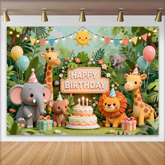 Lofaris Fond d'Anniversaire Animaux de la Jungle Safari avec Éléphant Girafe Lion, Décor de Fête