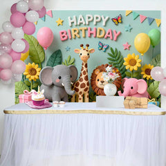 Lofaris Fond d'Anniversaire Animaux de la Jungle Safari Mignons, Décor de Fête avec Ballons et Cadeaux