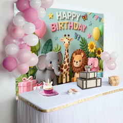 Lofaris Fond d'Anniversaire Animaux de la Jungle Safari Mignons, Décor de Fête avec Ballons et Cadeaux