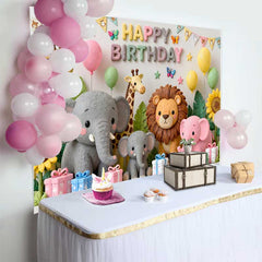 Lofaris Fond d'Anniversaire Animaux du Safari Mignons avec Girafe Éléphant Lion, Thème Jungle Pastel