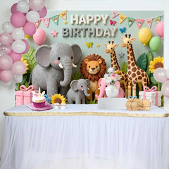 Lofaris Fond d'Anniversaire Animaux du Safari Mignons avec Éléphant, Lion, Girafes, Tournesols et Cadeaux