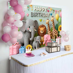 Lofaris Fond d'Anniversaire Animaux du Safari Mignons avec Éléphant, Lion, Girafes, Tournesols et Cadeaux