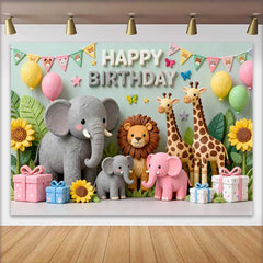 Lofaris Fond d'Anniversaire Animaux du Safari Mignons avec Éléphant, Lion, Girafes, Tournesols et Cadeaux