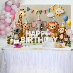 Lofaris Fond d'Anniversaire Animaux en Argile avec Thème Jungle Safari, Décoration Koala Éléphant Lion Singe