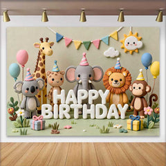 Lofaris Fond d'Anniversaire Animaux en Argile avec Thème Jungle Safari, Décoration Koala Éléphant Lion Singe