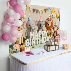 Lofaris Fond d'Anniversaire Animaux du Safari avec Éléphant, Lion et Singe, pour Décor de Fête d'Enfants