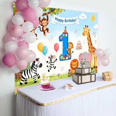 Lofaris Fond de Premier Anniversaire Animaux de la Jungle Safari, avec Chiffre Un et Bannière Joyeux Anniversaire
