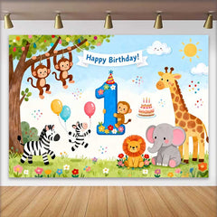 Lofaris Fond de Premier Anniversaire Animaux de la Jungle Safari, avec Chiffre Un et Bannière Joyeux Anniversaire