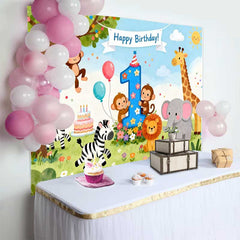 Lofaris Fond de Premier Anniversaire Animaux de la Jungle Safari, Bannière Joyeux Anniversaire et Chiffre Un