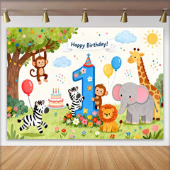 Lofaris Fond de Premier Anniversaire Animaux du Safari, avec Amis de la Jungle Mignons et Chiffre Un