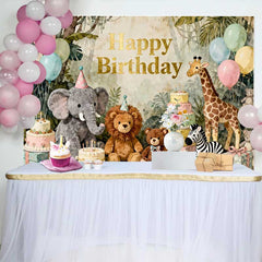 Lofaris Fond d'Anniversaire Animaux de la Jungle Safari, Éléphant Lion Girafe Aquarelle et Ballons