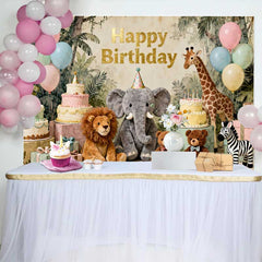 Lofaris Fond d'Anniversaire Animaux du Safari Jungle Pastel avec Éléphant, Lion et Girafe pour Enfants