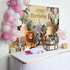 Lofaris Fond d'Anniversaire Animaux du Safari Jungle Pastel avec Éléphant, Lion et Girafe pour Enfants