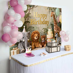 Lofaris Fond d'Anniversaire Animaux du Safari Jungle Or avec Éléphant, Lion et Girafe, Décor de Fête