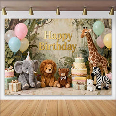Lofaris Fond d'Anniversaire Animaux du Safari Jungle Or avec Éléphant, Lion et Girafe, Décor de Fête