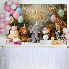 Lofaris Fond d'Anniversaire Animaux du Safari Jungle Doré, Ballons Pastel Fantaisistes et Gâteau pour Enfants