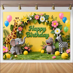 Lofaris Fond d'Anniversaire Animaux de la Jungle Safari Jaune Vibrant, Décor avec Ballons et Arche Florale