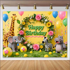 Lofaris Fond d'Anniversaire Animaux du Safari Jungle avec Couronne Florale, Décor de Fête pour Enfants