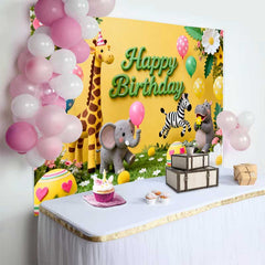 Lofaris Fond d'Anniversaire Animaux du Safari Mignons avec Girafe Éléphant et Zèbre, Décor de Fête