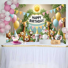 Lofaris Fond d'Anniversaire Animaux de la Jungle Fantaisistes avec Ballons Pastel et Gâteaux, Décor de Fête