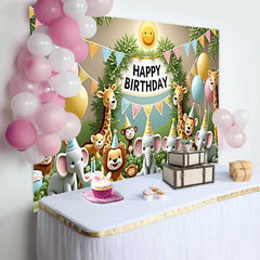 Lofaris Fond d'Anniversaire Animaux de la Jungle Fantaisistes avec Ballons Pastel et Gâteaux, Décor de Fête