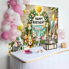 Lofaris Fond d'Anniversaire Animaux du Safari Jungle Adorable avec Enseigne et Ballons, Décor de Fête