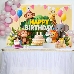 Lofaris Fond d'Anniversaire Animaux du Safari Jungle Adorable avec Gâteau et Ballons, Décor Wild One