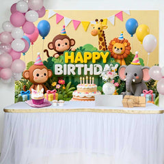 Lofaris Fond d'Anniversaire Animaux de la Jungle Colorés, Thème Safari Gâteau et Ballons