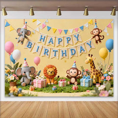 Lofaris Fond d'Anniversaire Animaux de la Jungle Fantaisistes avec Éléphant, Lion, Singe et Girafe