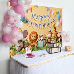 Lofaris Fond d'Anniversaire Jaune avec Animaux du Safari Mignons, Ballons Pastel et Cadeaux pour Enfants