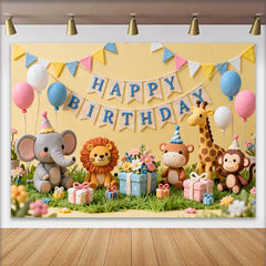 Lofaris Fond d'Anniversaire Jaune avec Animaux du Safari Mignons, Ballons Pastel et Cadeaux pour Enfants