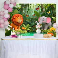 Lofaris Fond d'Anniversaire Jungle Lion et Éléphant en Dessin Animé, Décor d'Aventure Safari Sauvage