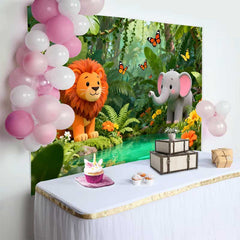Lofaris Fond d'Anniversaire Jungle Lion et Éléphant en Dessin Animé, Décor d'Aventure Safari Sauvage