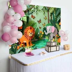 Lofaris Fond d'Anniversaire Jungle Safari en Papier Découpé avec Lion, Éléphant et Papillons pour Enfants