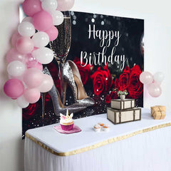Lofaris Fond d'Anniversaire Élégant Noir et Argent Pailleté, avec Roses Rouges et Talons Champagne