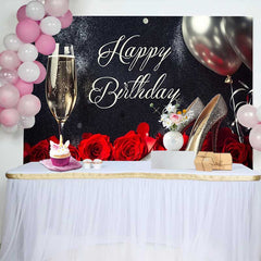 Lofaris Fond d'Anniversaire Noir et Argent Pailleté avec Champagne, Talons Étincelants et Roses Rouges