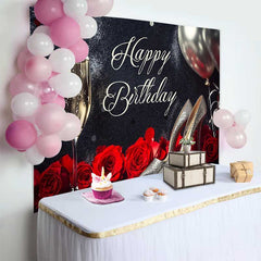 Lofaris Fond d'Anniversaire Noir et Argent Pailleté avec Champagne, Talons Étincelants et Roses Rouges