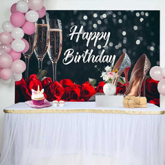 Lofaris Fond d'Anniversaire Noir et Rouge avec Flûtes de Champagne, Roses et Talons Pailletés, Décor Élégant