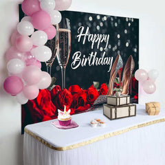 Lofaris Fond d'Anniversaire Noir et Rouge avec Flûtes de Champagne, Roses et Talons Pailletés, Décor Élégant