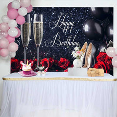 Lofaris Fond d'Anniversaire Noir Pailleté avec Champagne, Roses Rouges et Talons Argentés pour Célébration