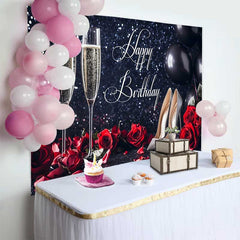 Lofaris Fond d'Anniversaire Noir Pailleté avec Champagne, Roses Rouges et Talons Argentés pour Célébration