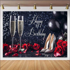 Lofaris Fond d'Anniversaire Noir Pailleté avec Champagne, Roses Rouges et Talons Argentés pour Célébration