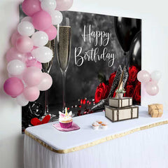 Lofaris Fond d'Anniversaire Noir Rouge et Or avec Champagne, Talons Pailletés et Roses pour Fête Élégante