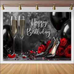 Lofaris Fond d'Anniversaire Noir Rouge et Or avec Champagne, Talons Pailletés et Roses pour Fête Élégante