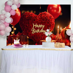 Lofaris Fond d'Anniversaire Cœur de Roses Rouges Élégant avec Ballons et Cadeaux, Décor Romantique